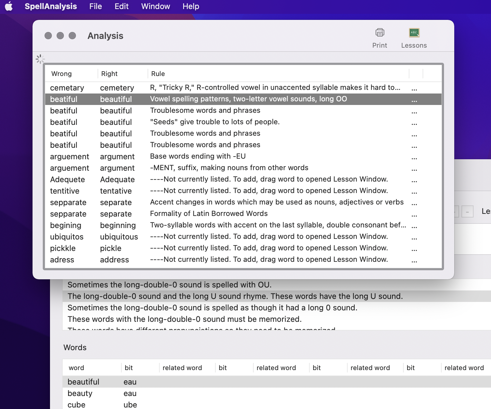 SpellAnalysis tableviews